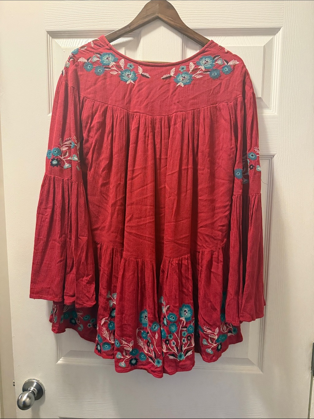 Free People Red Embroidered Boho Tunic Mini Dress EUC - Picture 5 of 7